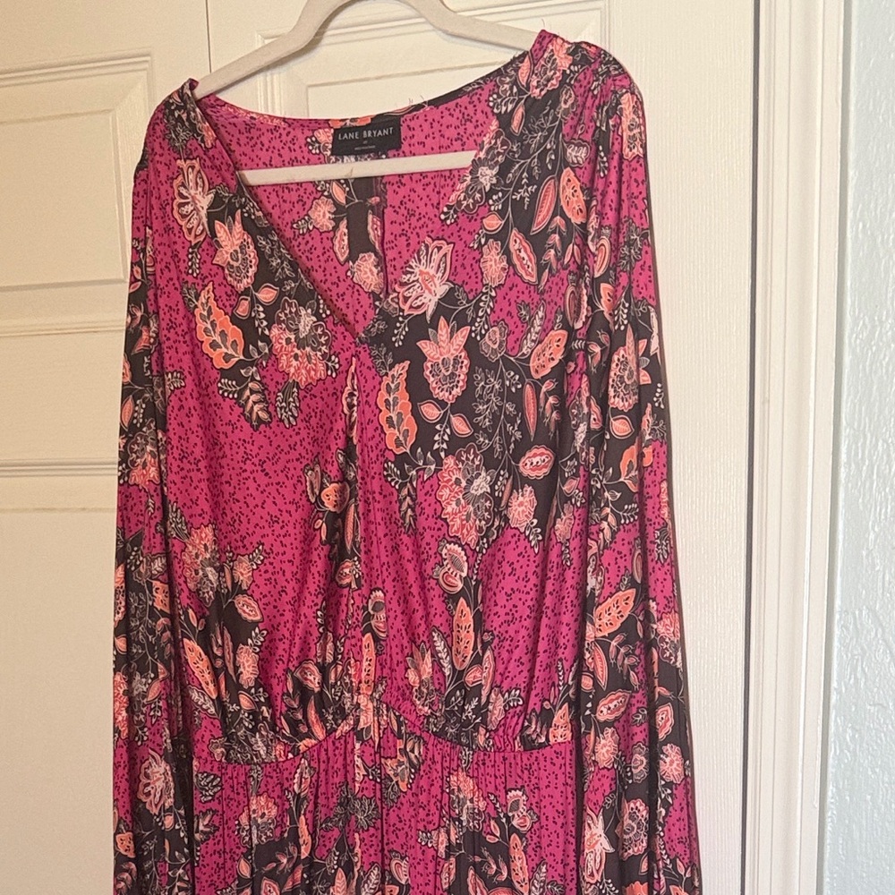 Lane Bryant midi prairie dress with V-neck, pink and black floral print